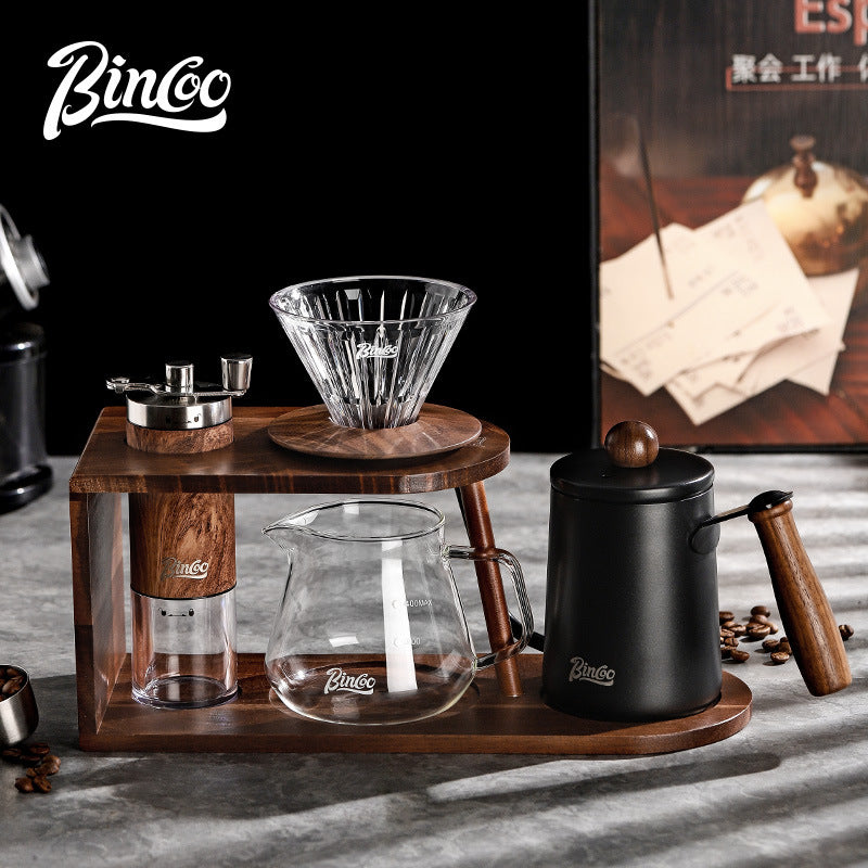 Conjunto de Cafetera Manual Bincoo: Hervidor, Filtro de Vidrio, Soporte de Madera Vintage, Portátil y para el Hogar