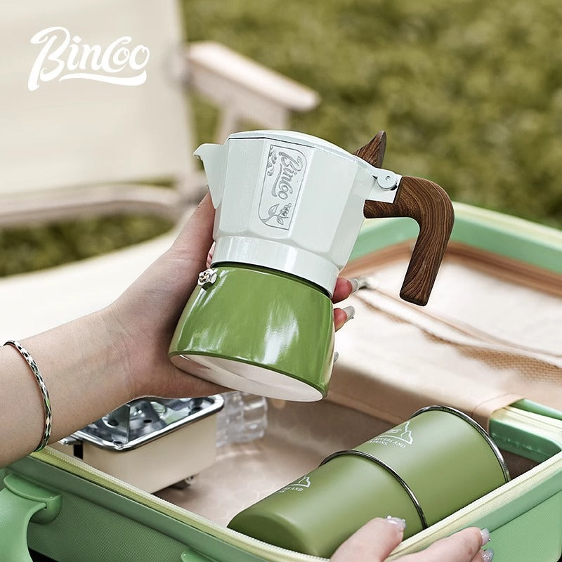 Conjunto de cafetera moka Bincoo: Equipamiento de camping portátil con doble válvula, ideal para preparar café espresso en casa