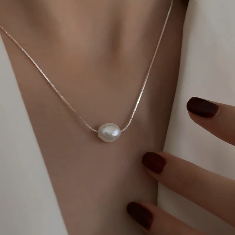 Collar para Clavícula de Plata 925 con Perla y Cadena Serpiente