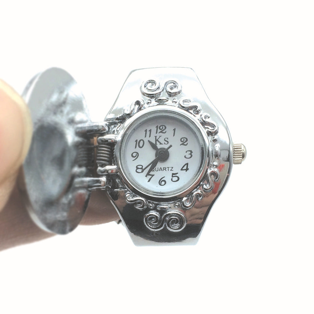 Reloj Anillo con Tapa Abatible y Cubierta Tipo Piedra en Forma de Flor