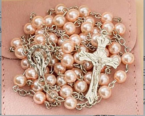 Rosario de la Virgen del Carmen con Perlas Acrílicas y Cruz Religiosa