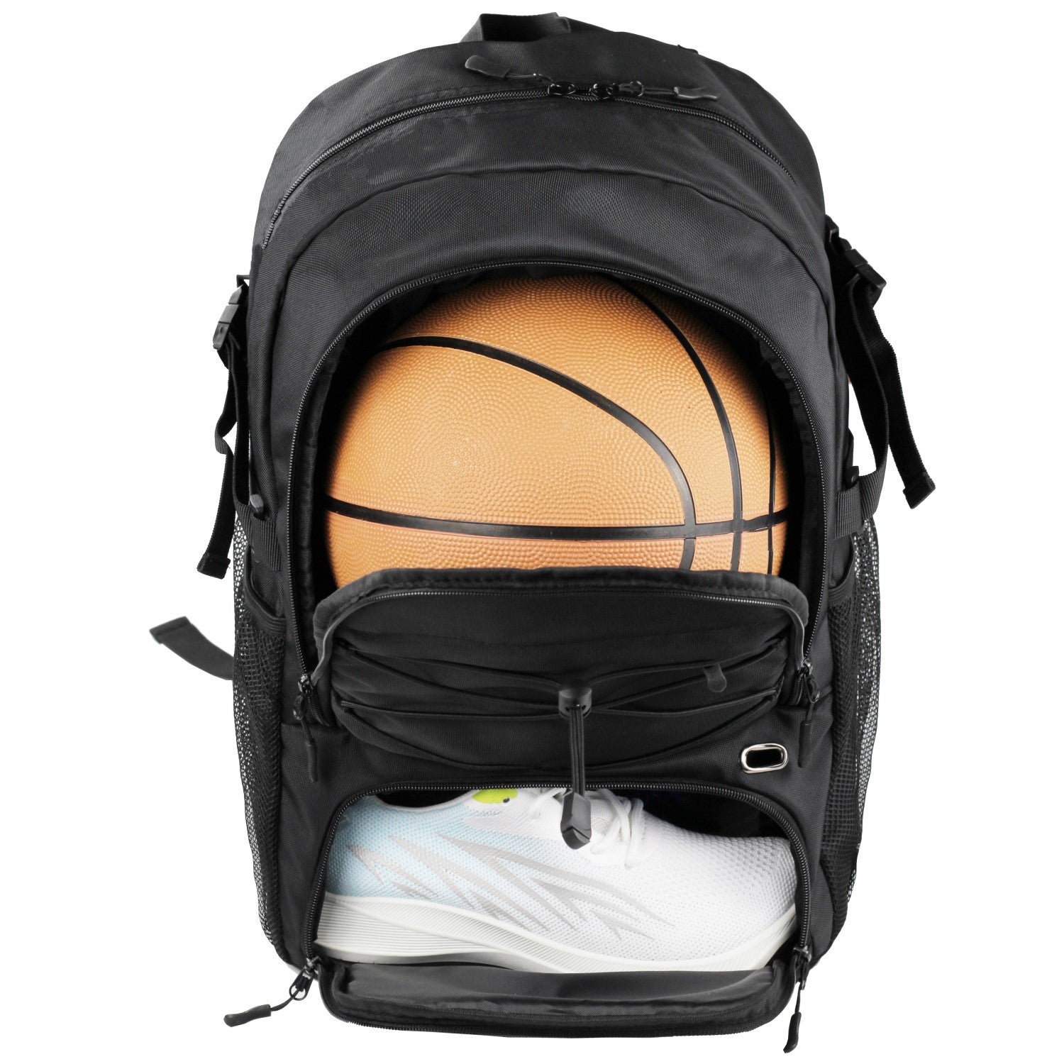 Mochila deportiva negra con compartimento para balón y zapatos, ideal para fútbol, básquet o voleibol. Diseño funcional y resistente.