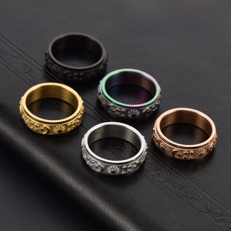 Anillo Antiestrés Grueso Unisex – Sol, Luna y Estrellas en Acero Inoxidable