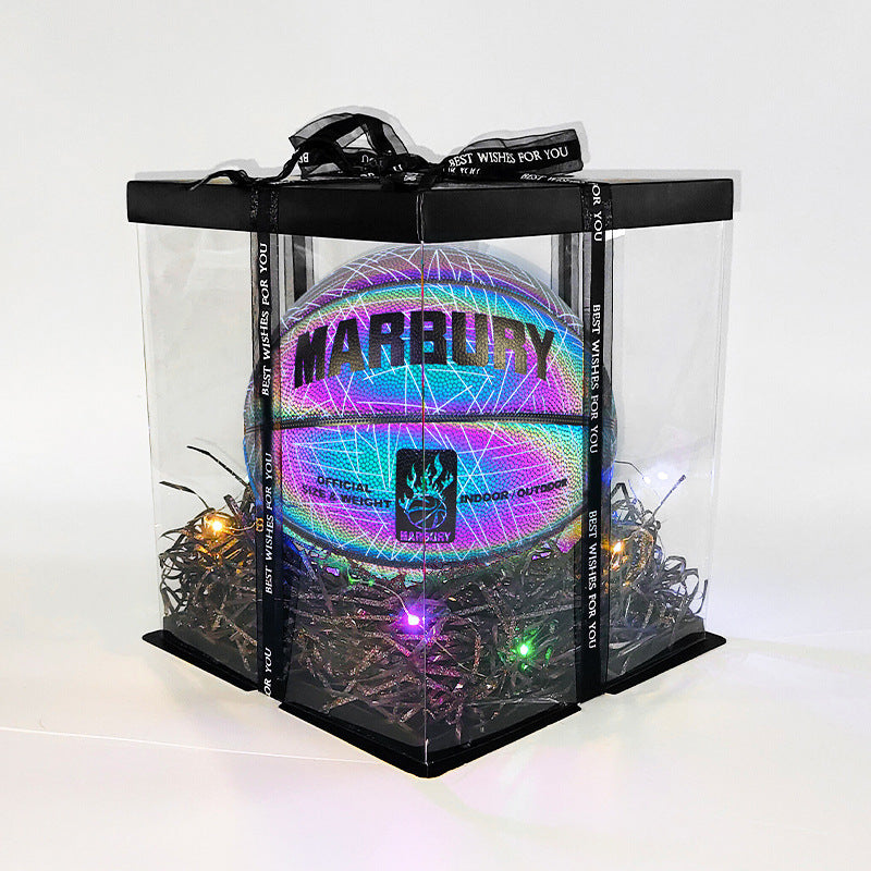 Balón de baloncesto fluorescente MARBURY en caja de regalo con luces LED, perfecto para obsequios deportivos y uso nocturno.
