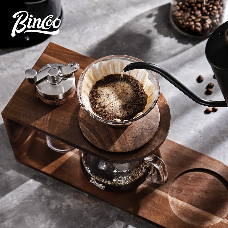 Conjunto de Cafetera Manual Bincoo: Hervidor, Filtro de Vidrio, Soporte de Madera Vintage, Portátil y para el Hogar