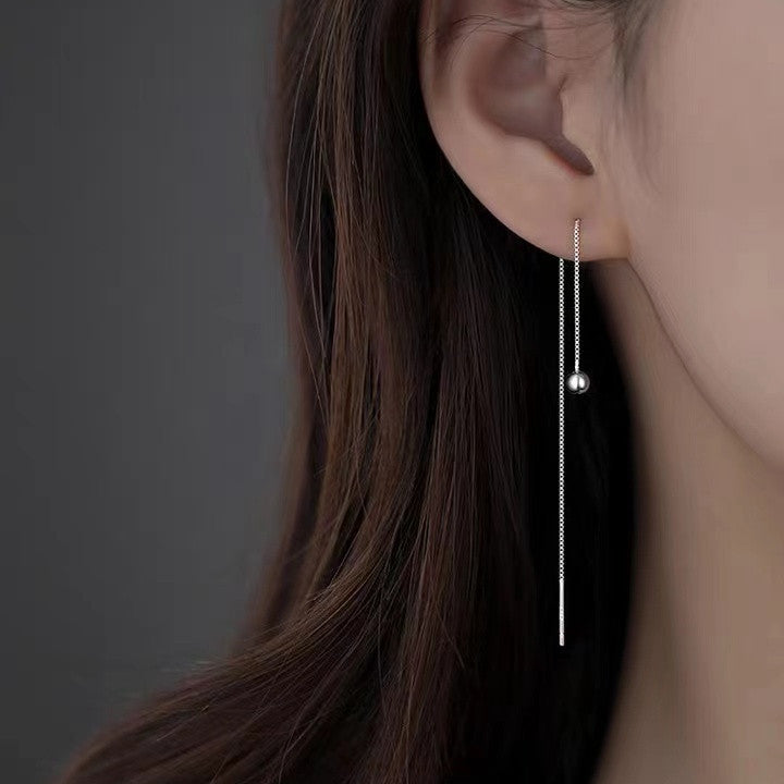Pendientes Enhebrador Largos con Esfera de Plata 925 y Cadena Colgante