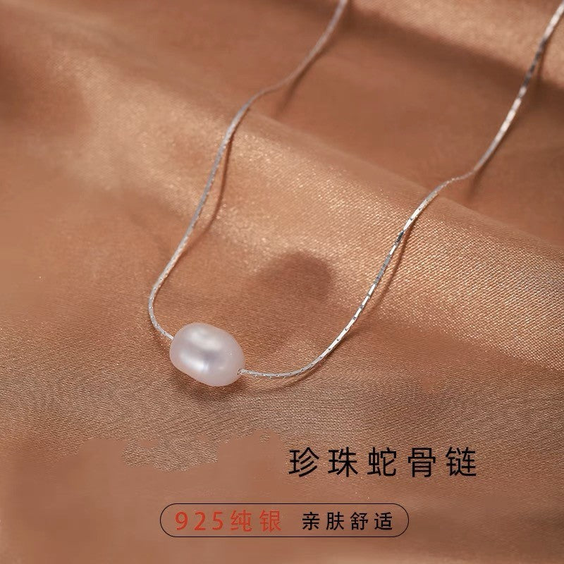 Collar para Clavícula de Plata 925 con Perla y Cadena Serpiente