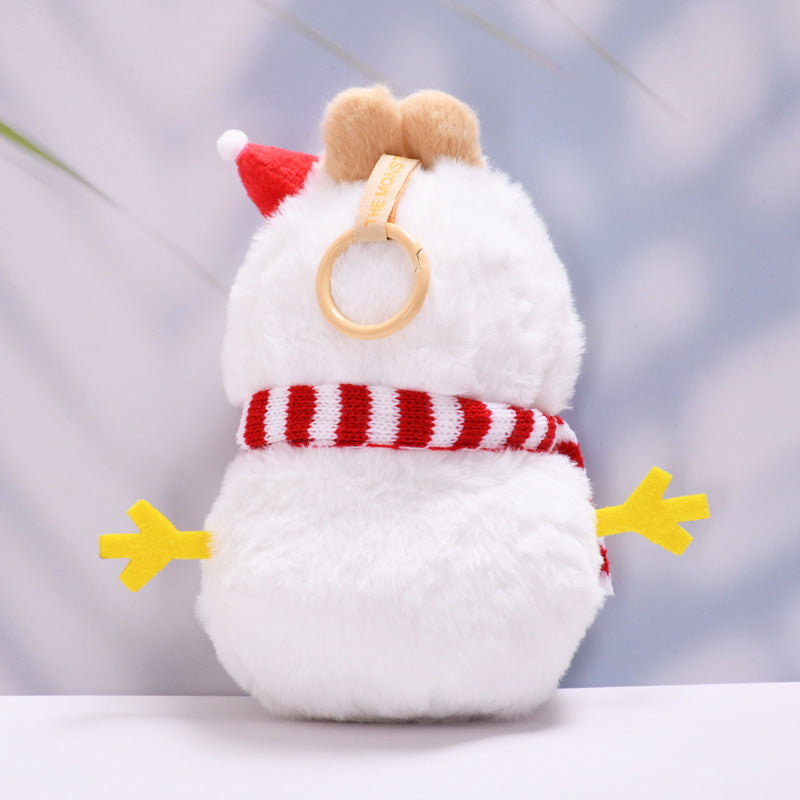 Vista trasera del traje de muñeco de nieve para Labubu 17 cm, con gorro navideño, bufanda y anillo para colgar como adorno.