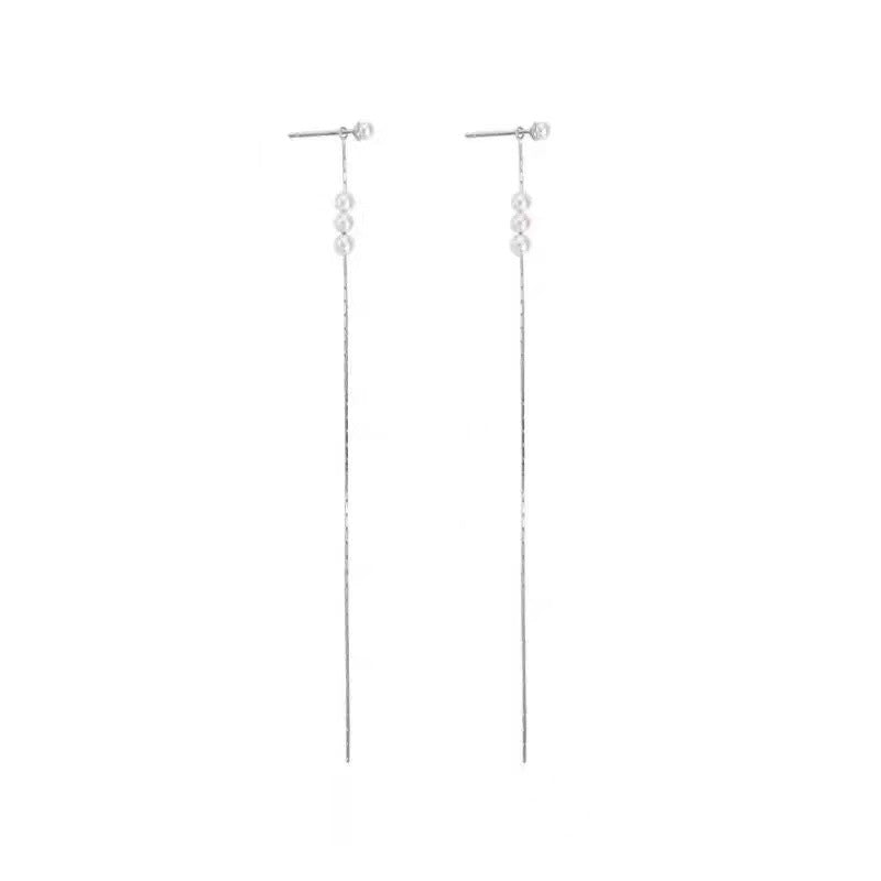 Aretes Largos de Plata 925 con Perlas– Enhebrador Cadena Tipo Serpiente