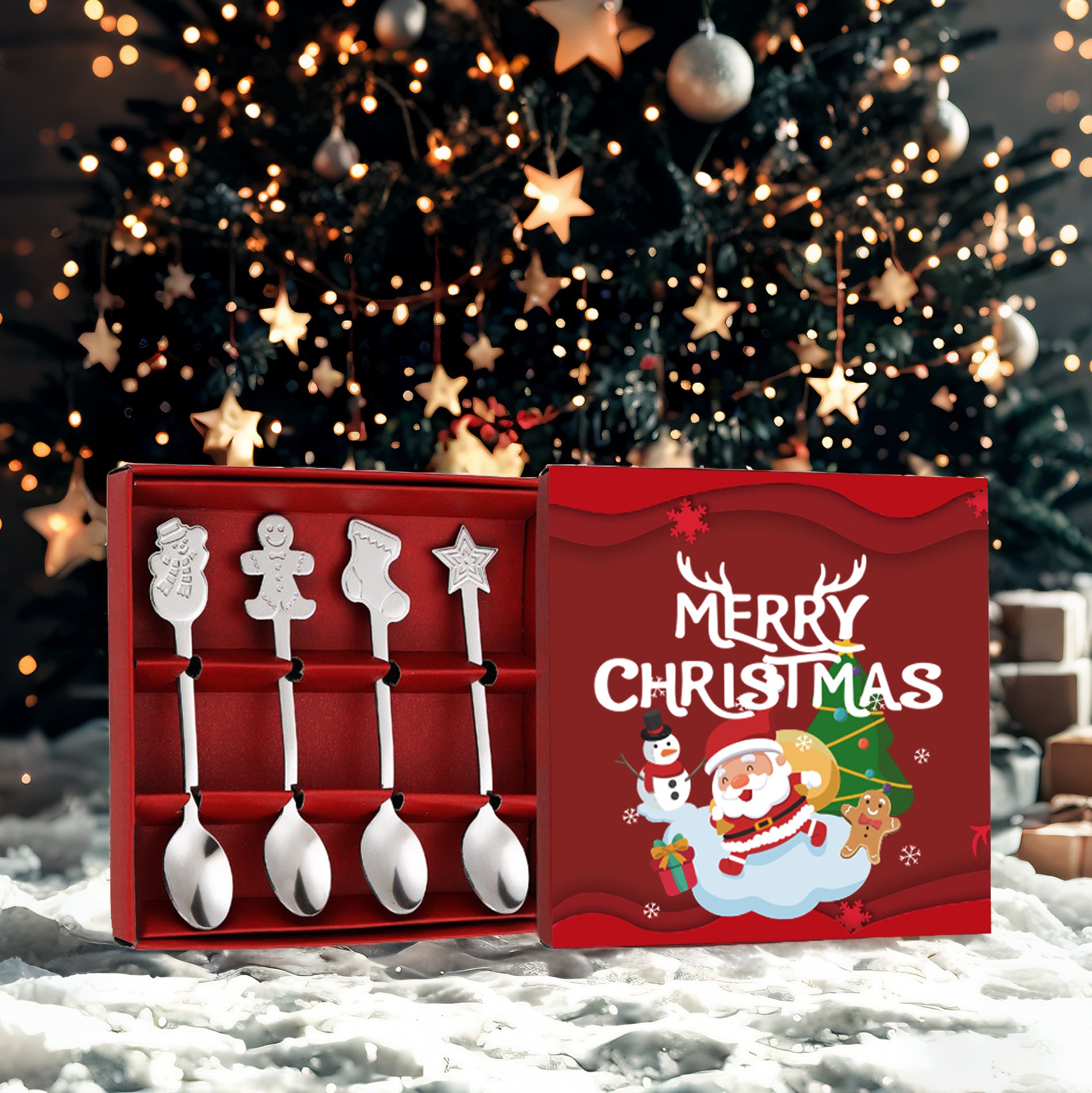 Christmas Creative Coffee Spoon Set with Snowman Cartoon Design
