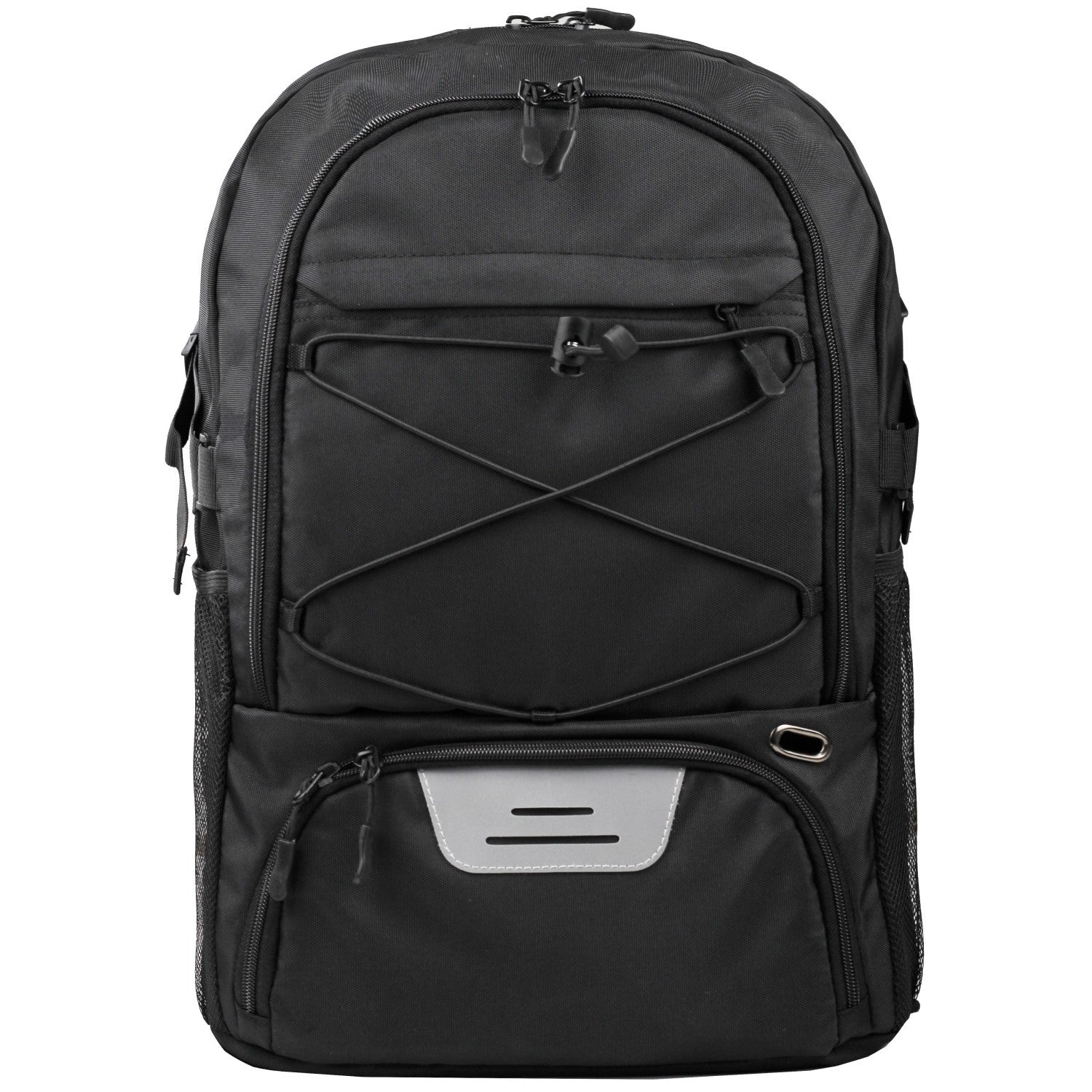 Mochila deportiva negra cerrada con cordón elástico frontal y múltiples bolsillos. Perfecta para actividades deportivas al aire libre.