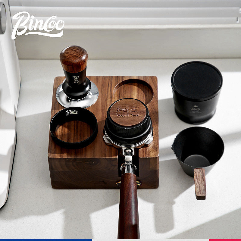 Kit de Prensado de Café Italiano Bincoo: Base de Madera de Nogal y Tamiz para Espresso