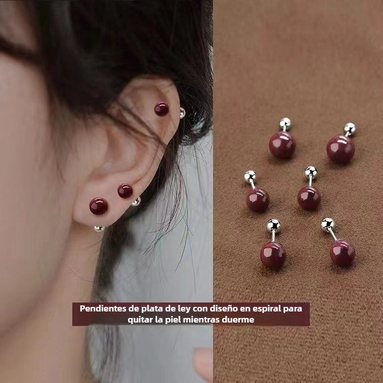 Pendientes Tipo Piercing de Plata 999 – Esfera Roja con Cierre de Rosca