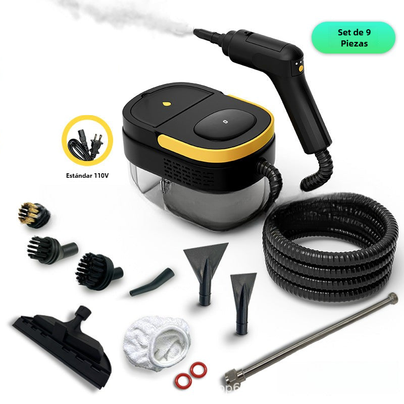 Limpiador de vapor portátil 1600ml negro con detalles amarillos, incluye set de 9 accesorios para limpieza profunda del hogar.