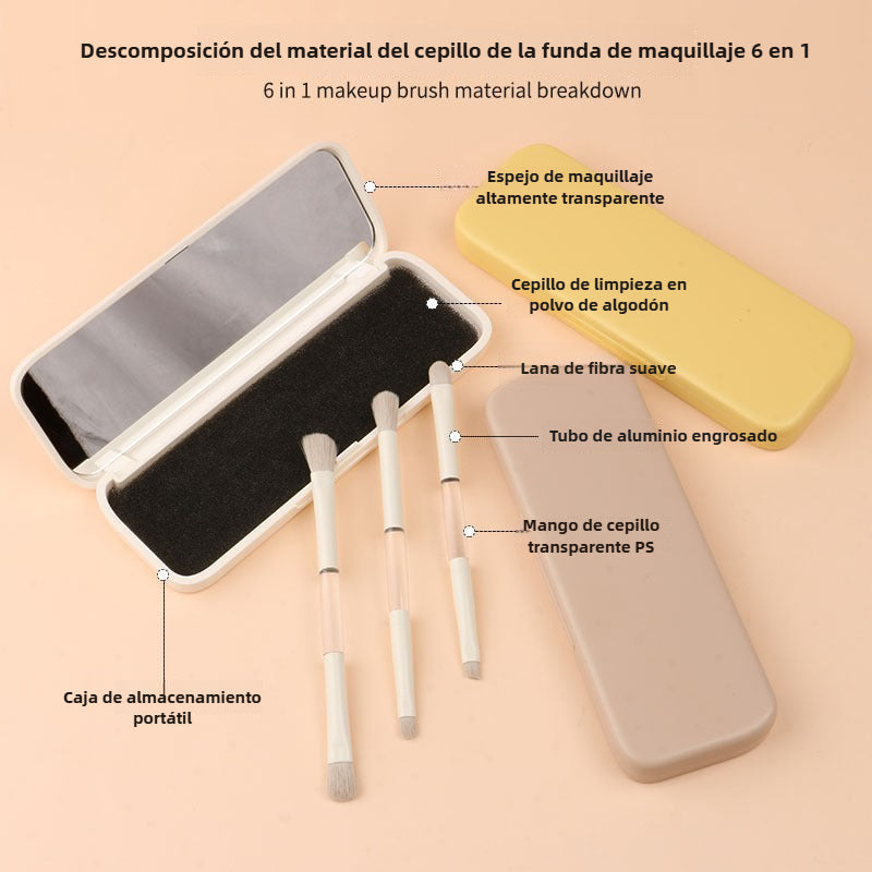 Set Portátil de Brochas de Maquillaje con Espejo Abatible: 6 Piezas para Detalles de Ojos, Brocha para Labios, Difuminado y Sombras