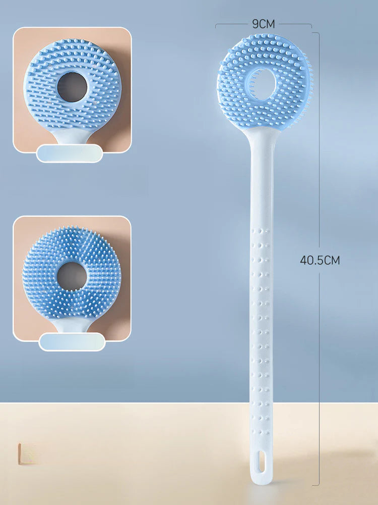 Cepillo de baño 2 en 1 azul con medidas de 40.5 cm de largo y 9 cm de ancho, ideal para masajes y limpieza corporal eficiente.