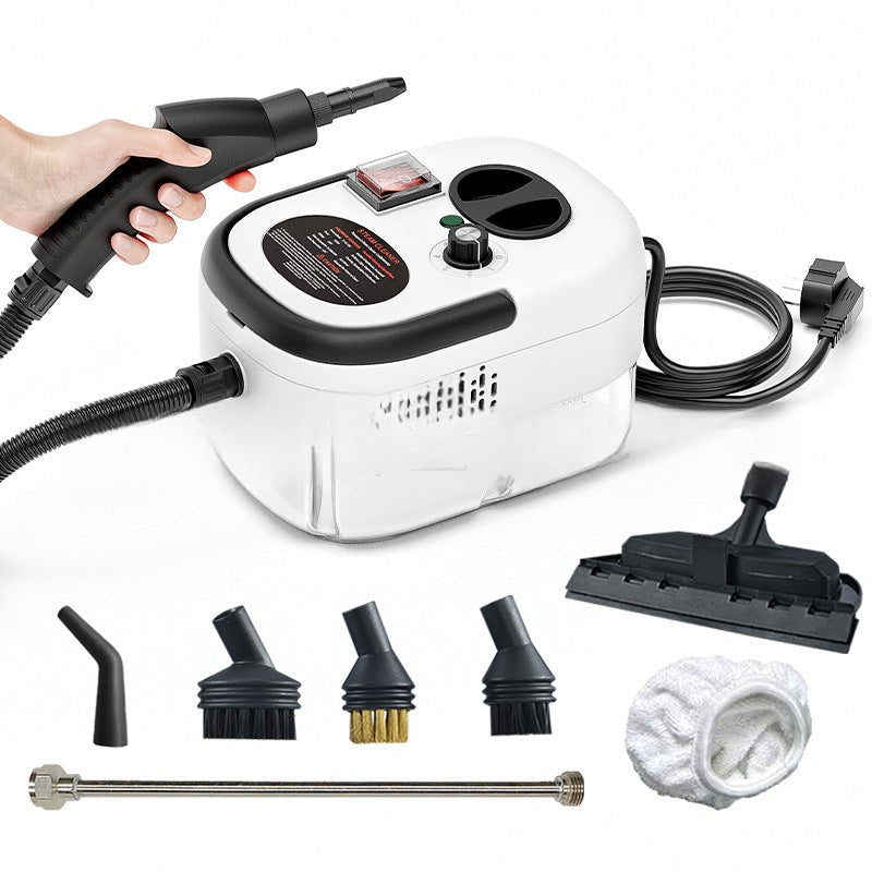 Vaporeta compacta blanca 2500W con tanque de 1200ml y múltiples cepillos para limpieza a vapor de alta presión en el hogar