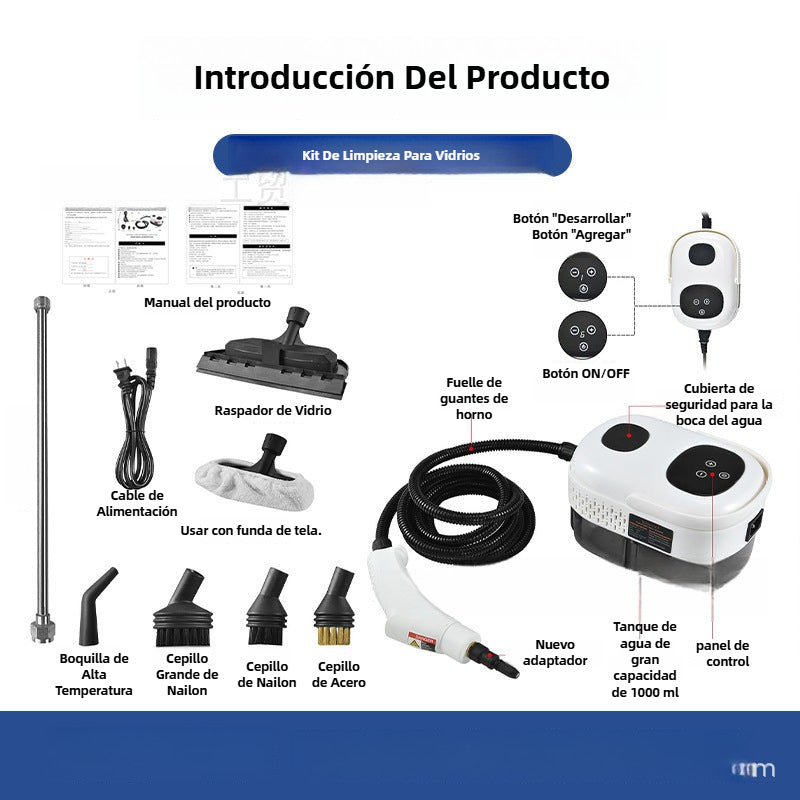 Kit completo de limpiadora a vapor con cepillos, boquillas y tanque de agua, ideal para desinfección sin químicos en superficies del hogar.
