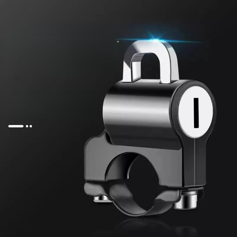 Candado metálico antirrobo para casco de bicicleta o moto, acabado brillante y resistente, ideal para seguridad en exteriores.