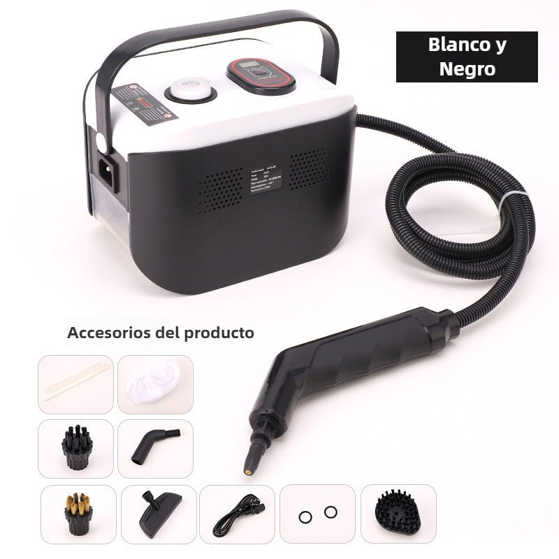 Limpiadora de vapor portátil blanco y negro 1500W con pantalla digital y kit de accesorios para limpieza eficiente en el hogar.