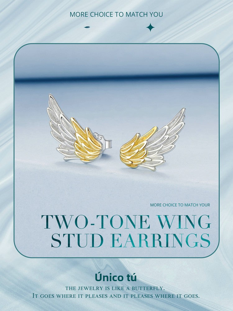 Pendientes Alas Chapadas en Plata 925: Aretes de Alas 3D Bicolor para Hombre y Mujer, Joyas de Plata Esterlina con Textura