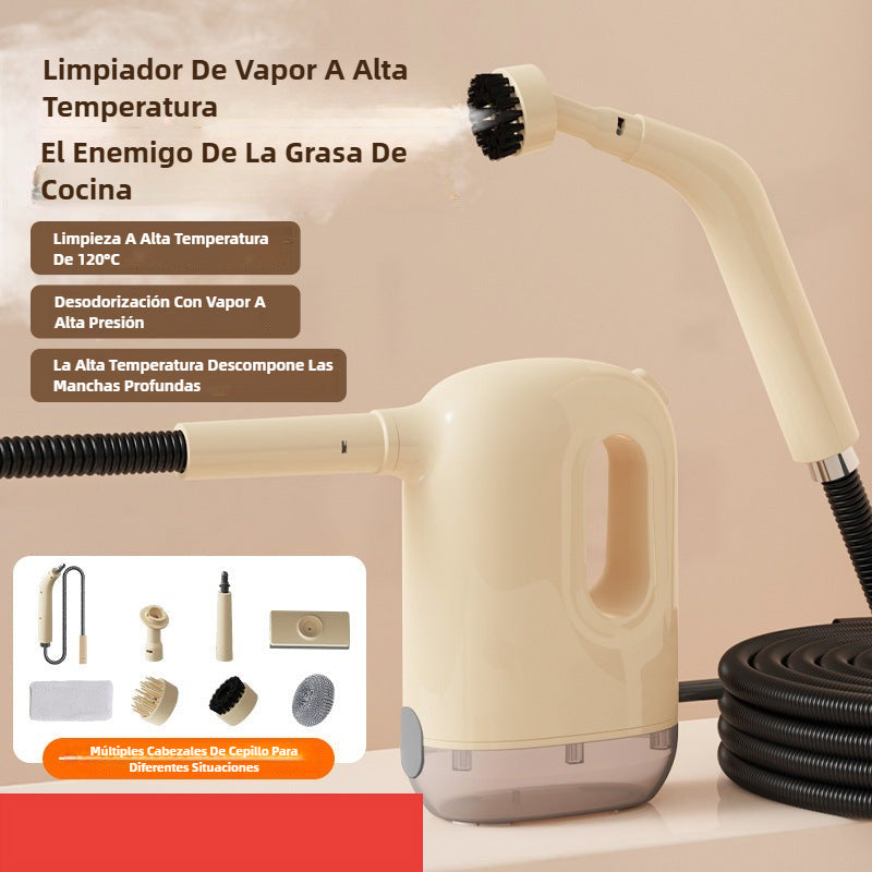 Limpiadora vapor cocina y baño con cabezal de cepillo, ideal para desinfección a presión de grasa y hongos en superficies domésticas.