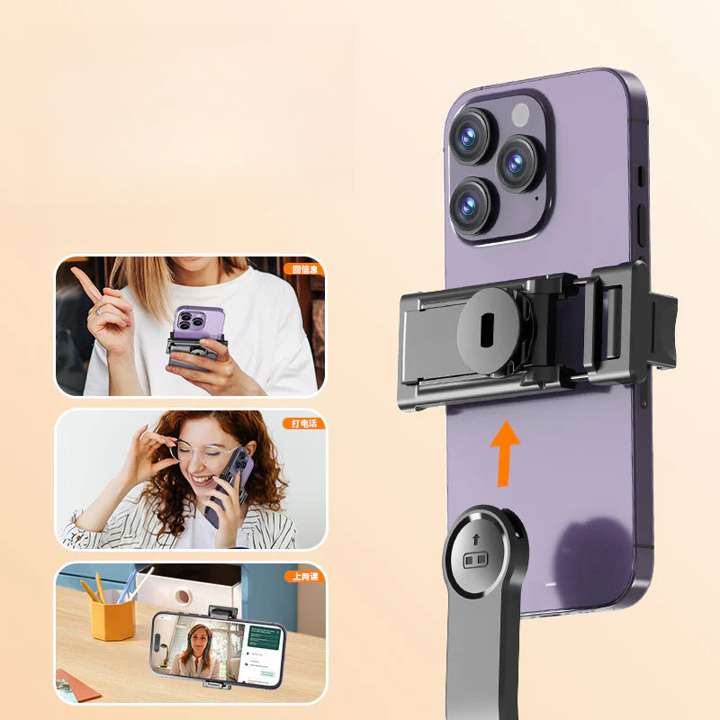 Soporte del Mini Trípode Selfie Q20 con Bluetooth sujetando un smartphone, ideal para videollamadas y grabaciones en modo vertical u horizontal.