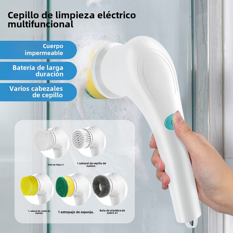 Cepillo eléctrico para limpiar con mango largo y cinco cabezas de limpieza intercambiables