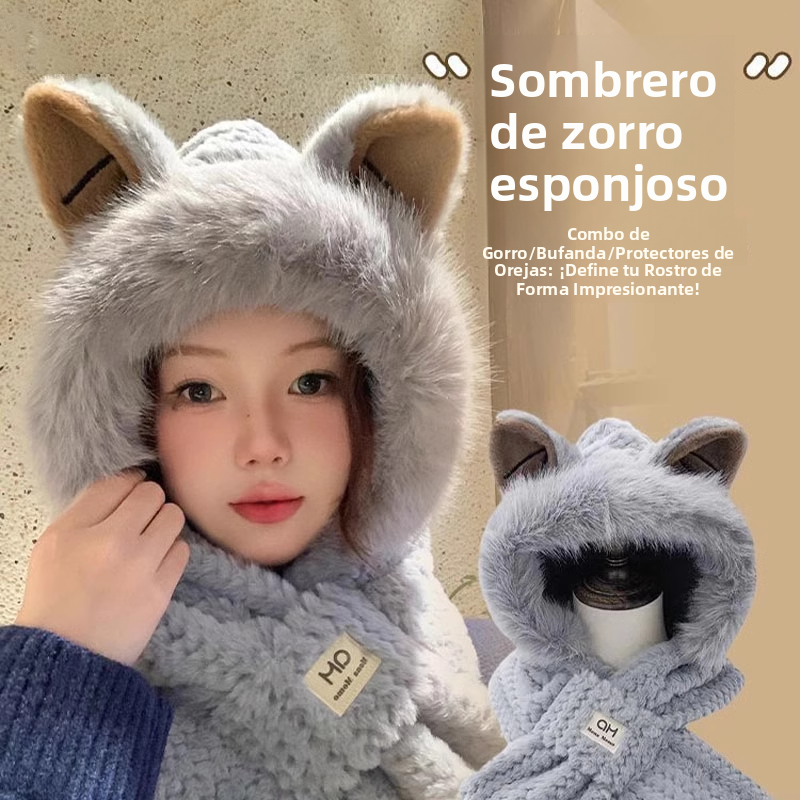 Gorro de Invierno con Orejas y Bufanda Integrada para Mujer Imitación Peluche