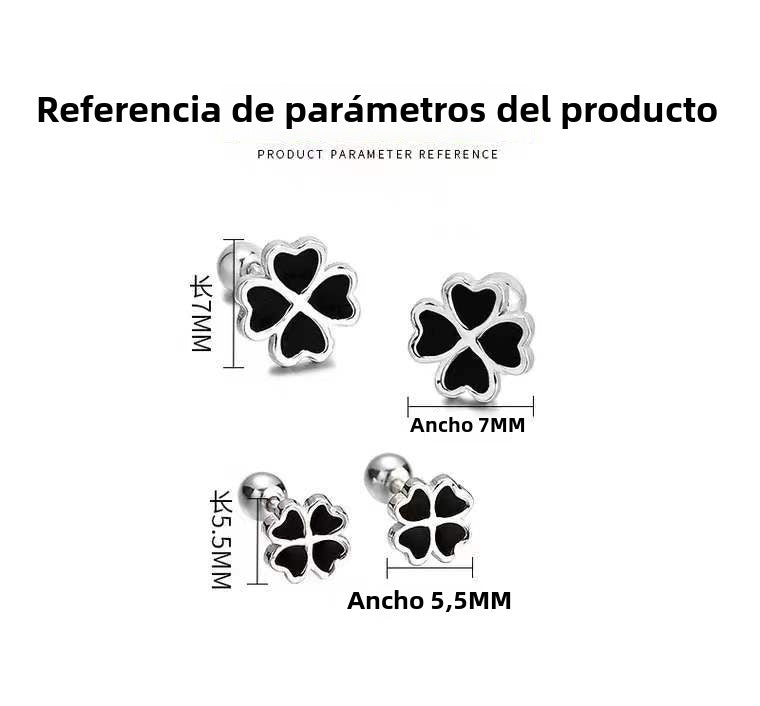 Pendiente Botón de Trébol de Cuatro Hojas Negro en Plata S999 – Para Mujer