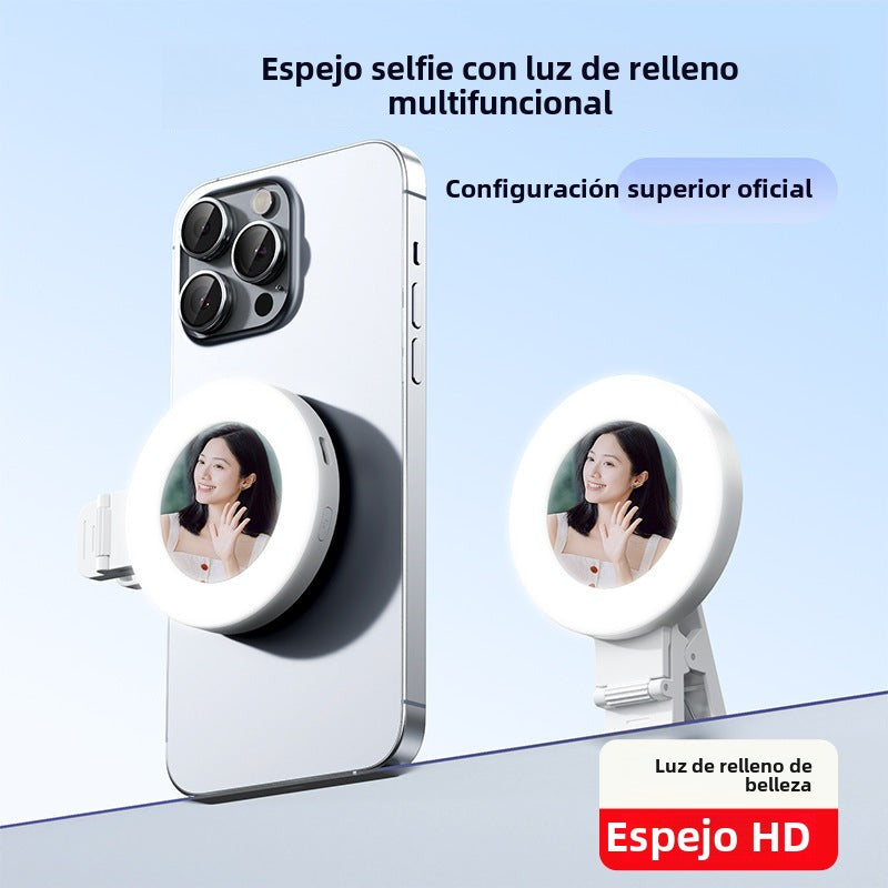 Espejo portátil con luz LED recargable para selfies, con clip para fijar en el celular