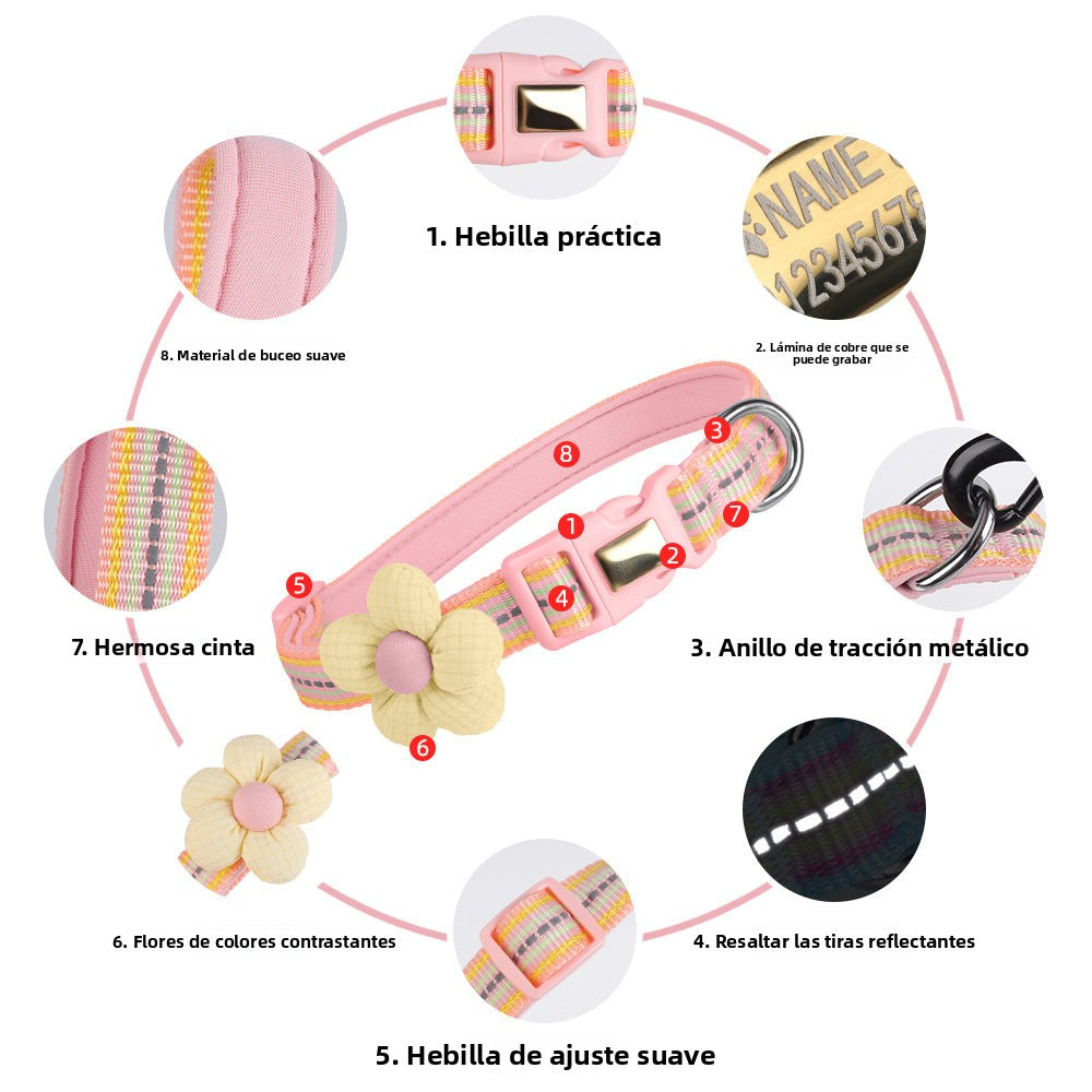 Collar para Gatos con Flor Decorativa – Cinta Reflectante y Placa Personalizable