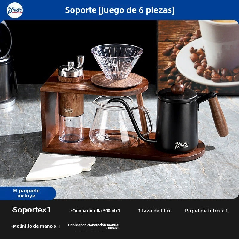 Conjunto de Cafetera Manual Bincoo: Hervidor, Filtro de Vidrio, Soporte de Madera Vintage, Portátil y para el Hogar