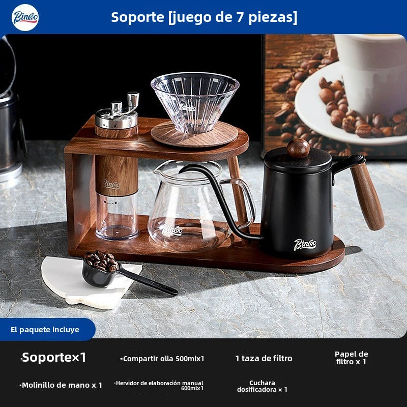 Conjunto de Cafetera Manual Bincoo: Hervidor, Filtro de Vidrio, Soporte de Madera Vintage, Portátil y para el Hogar