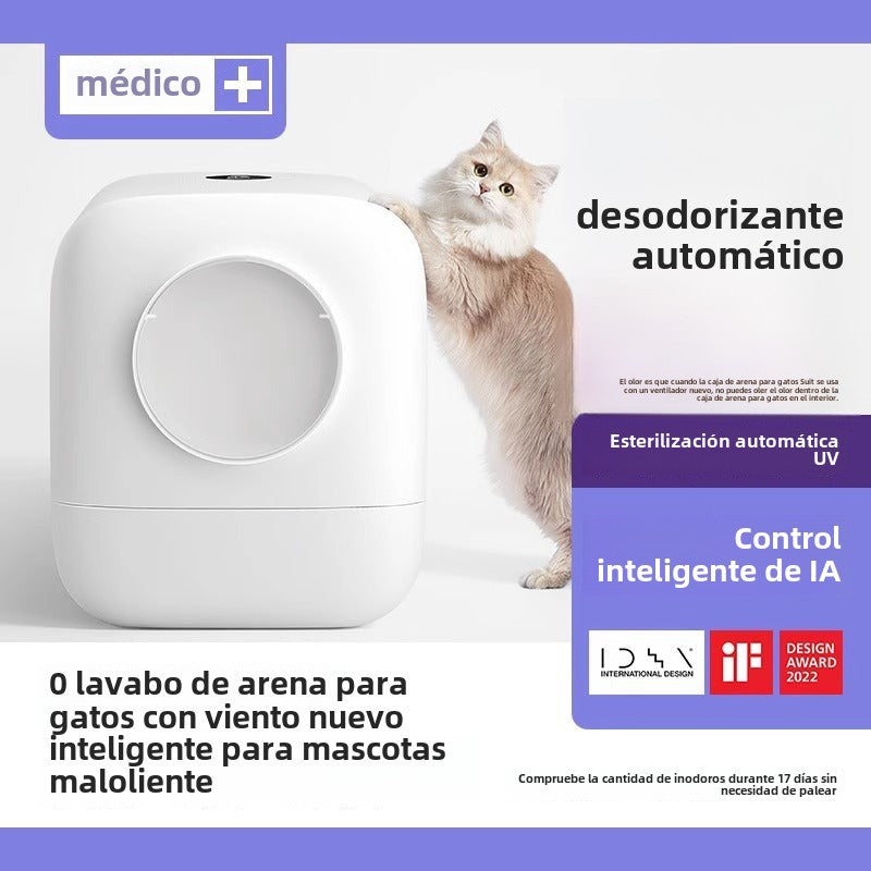Arenero automático para gatos con ventilación eléctrica inteligente y sistema antibacteriano para mejorar la higiene y controlar olores.