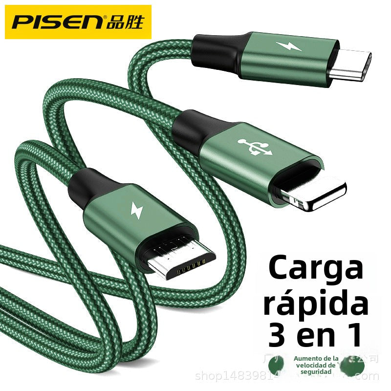 Cable Pisen 3 en 1 de aleación de aluminio con conectores para iPhone, Android y Type-C, carga rápida
