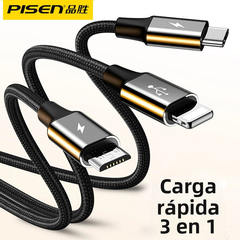 Cable de datos 3 en 1 Pisen de aleación de aluminio: Compatible con iPhone/Android y teléfonos TYPE-C