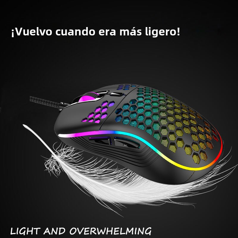 Mouse Gaming RGB Ligero y Ergonómico: Diseño Hueco, Conexión USB, 7200 DPI