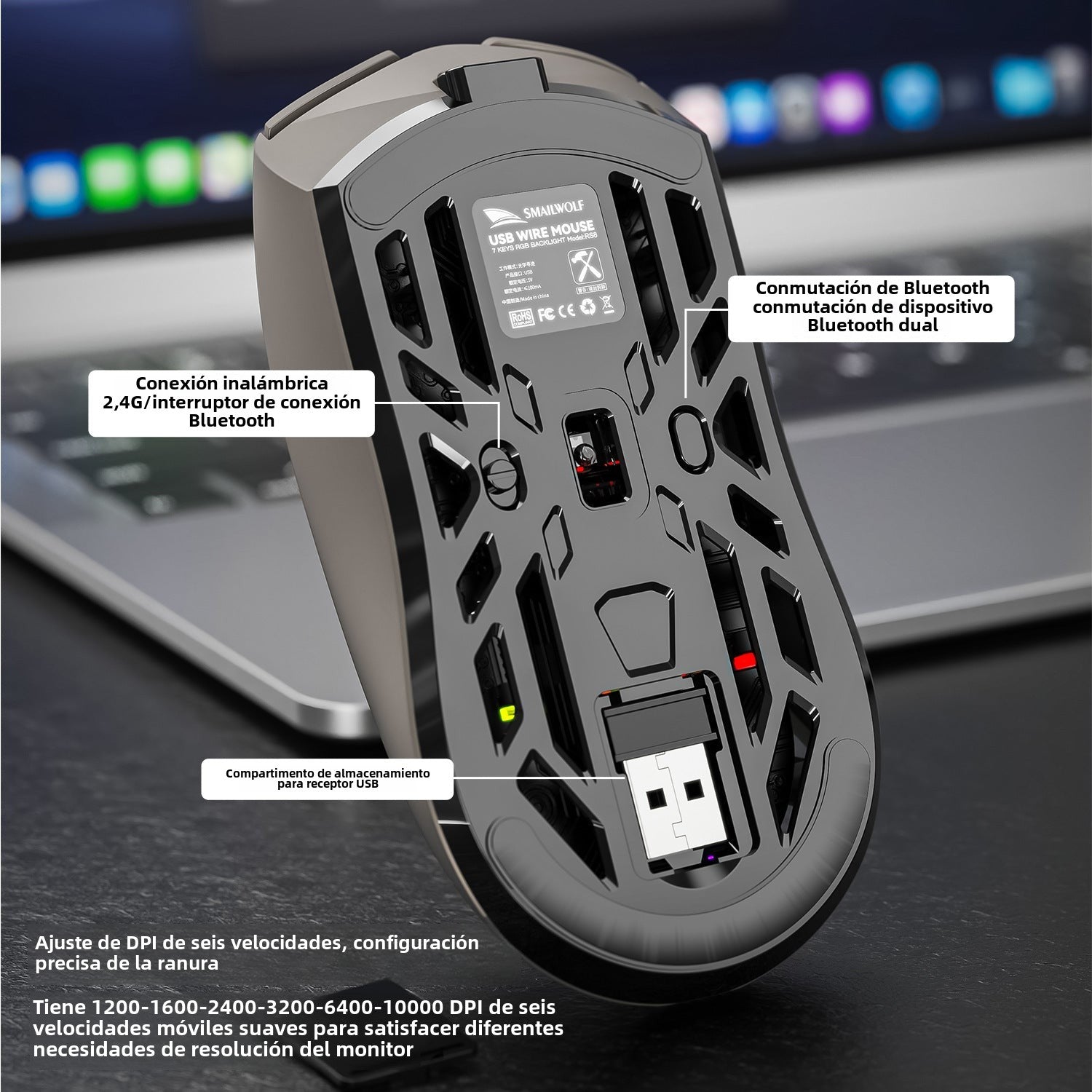 Ratón SMAILWOLF RS8: Bluetooth, inalámbrico, tres modos, ligero, ideal para gaming y oficina