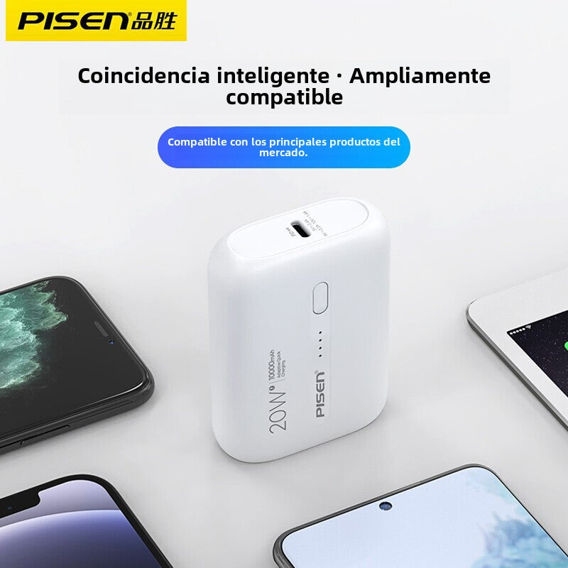 Power Bank Pisen 10000mAh: Carga Rápida de 20W, Portátil y Ultra Delgado, Compatible con iPhone y Android