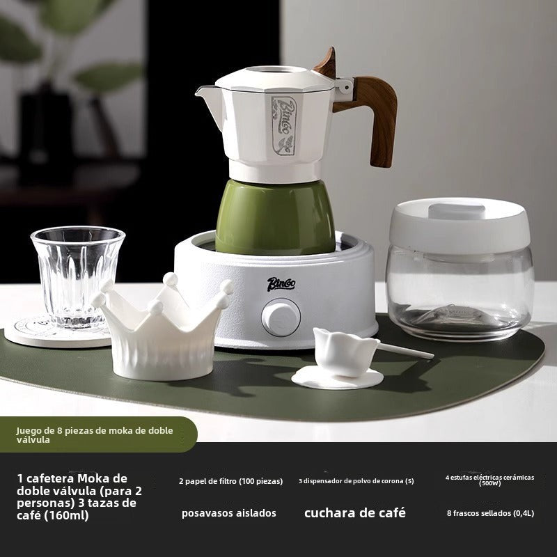 Juego de cafetera moka Bincoo: cafetera de doble válvula para espresso, compacta y fácil de usar