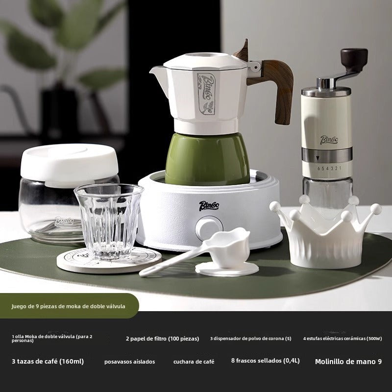 Juego de cafetera moka Bincoo: cafetera de doble válvula para espresso, compacta y fácil de usar