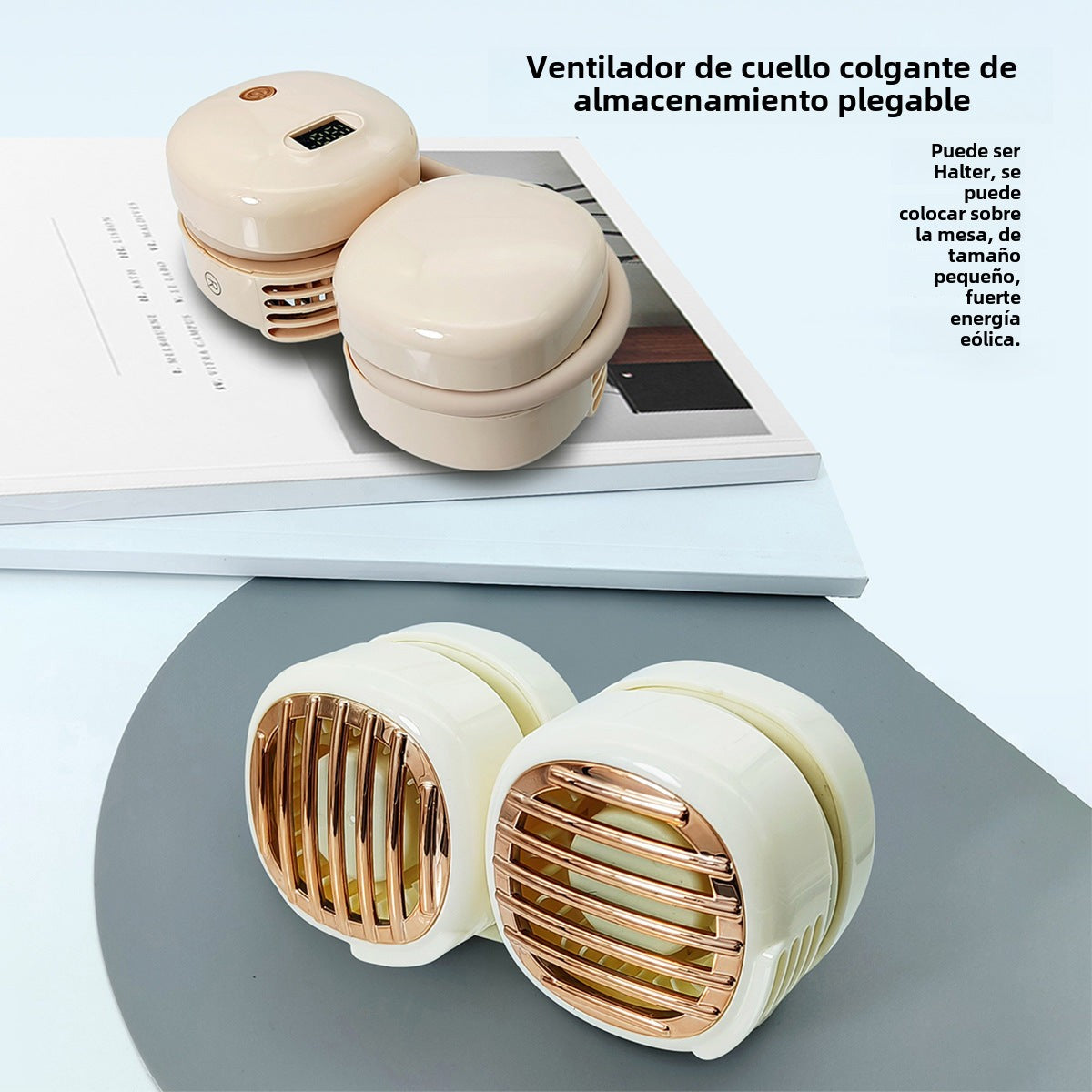 Ventilador portátil USB recargable sin hojas, plegable y colgante. Diseño compacto con pantalla digital, ideal para llevar en el cuello o colocar en la mesa.
