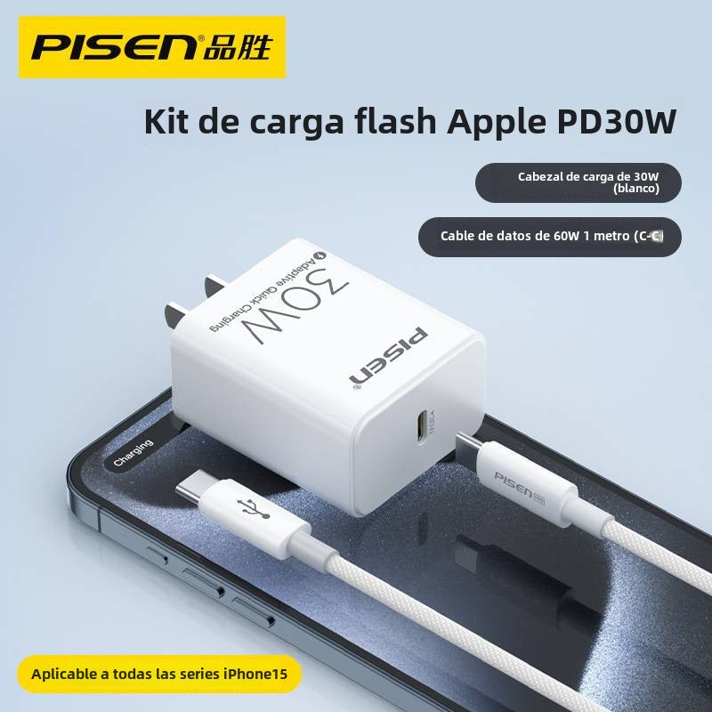 Cargador Rápido PD 30W para iPhone 15: Cable de Datos Tipo C Doble Cabeza