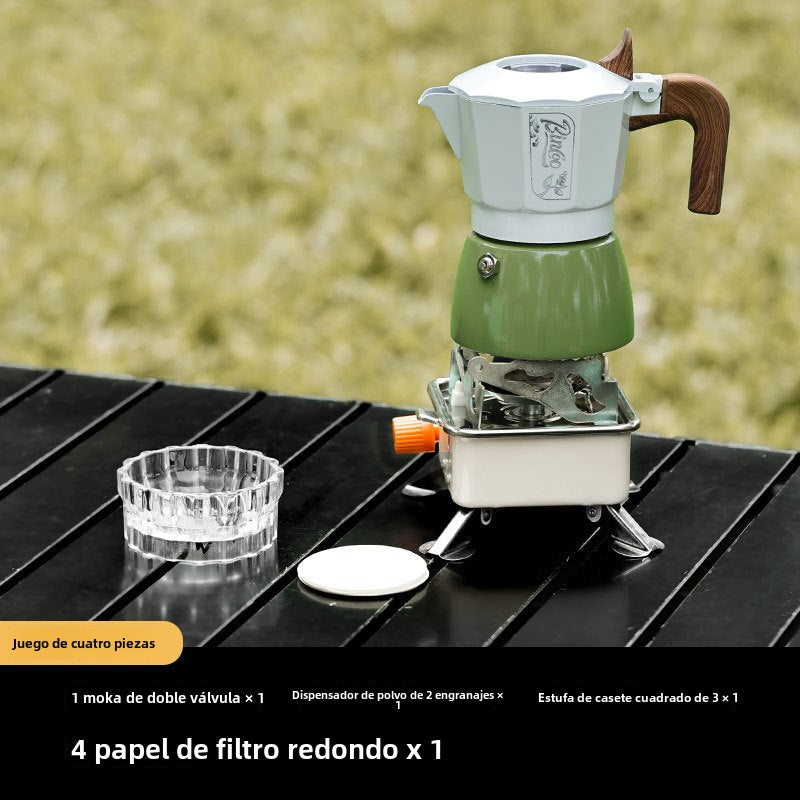 Conjunto de cafetera moka Bincoo: Equipamiento de camping portátil con doble válvula, ideal para preparar café espresso en casa
