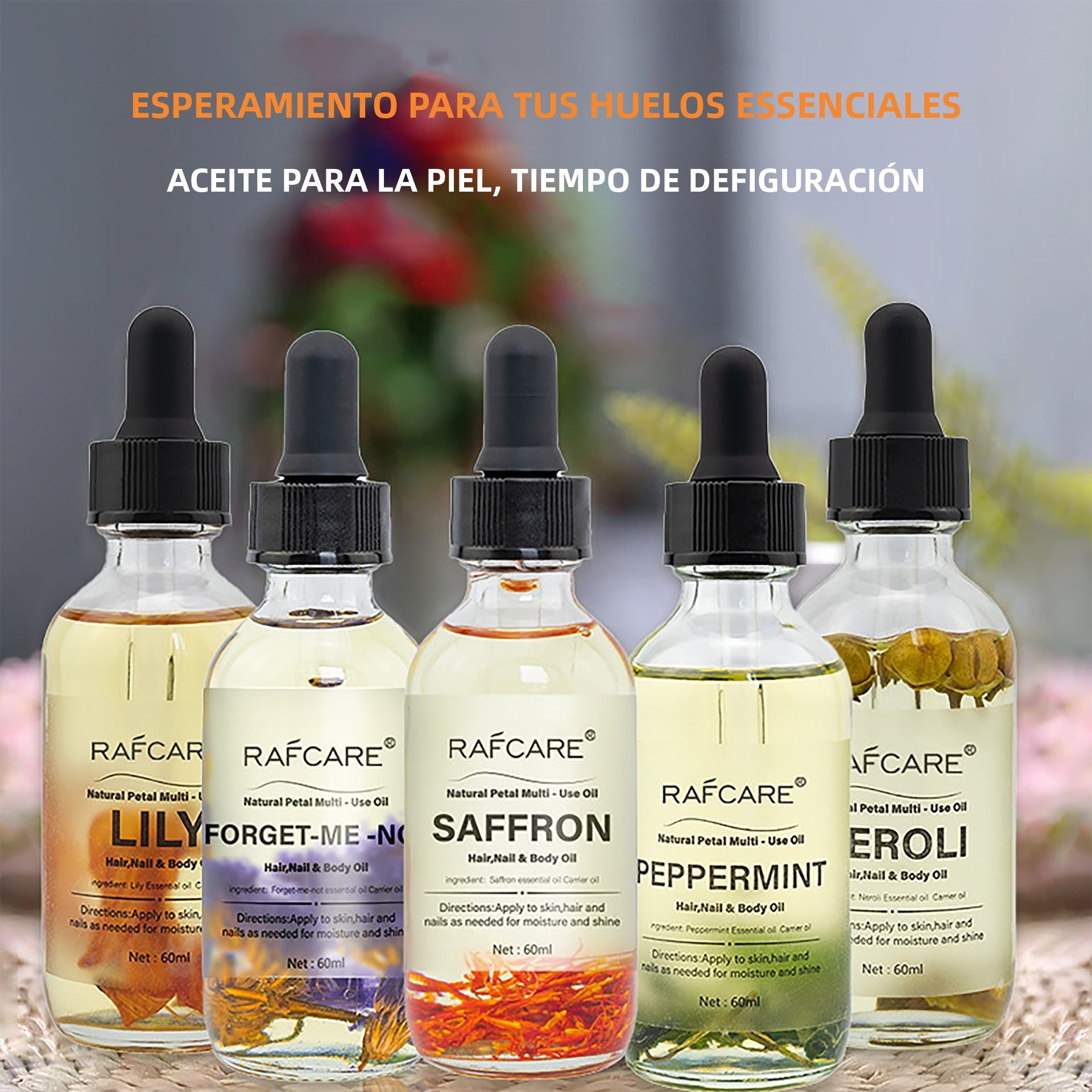 Variedad de aceites esenciales florales para hidratación corporal y aromaterapia, con ingredientes naturales como lirio, menta y azafrán.
