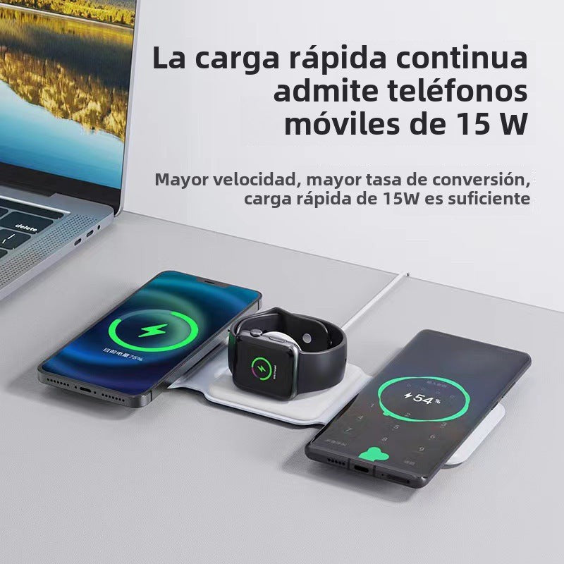 Cargador inalámbrico 3 en 1 de 15W con base magnética para celular, audífonos y reloj