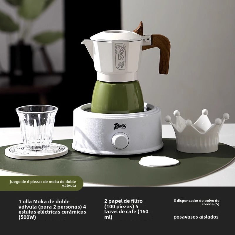 Juego de cafetera moka Bincoo: cafetera de doble válvula para espresso, compacta y fácil de usar