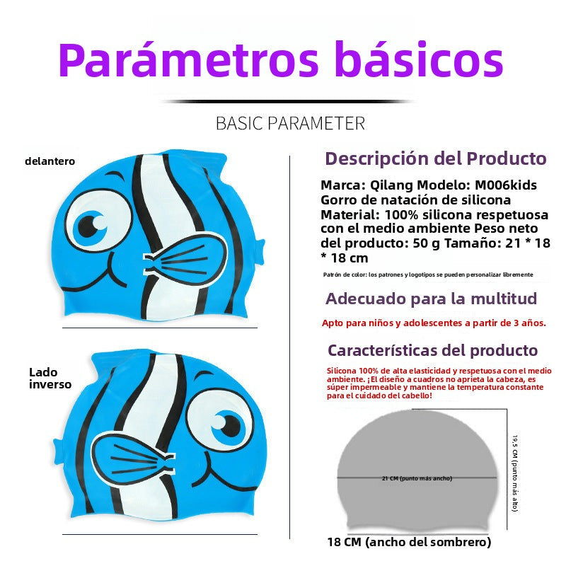 Gorro de silicona infantil multicolor: resistente al agua, con orejeras, diseño de animales y pez para natación y entrenamiento