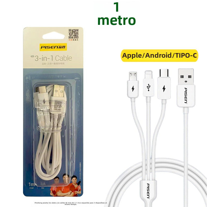Cable de datos 3 en 1 Pisen de aleación de aluminio: Compatible con iPhone/Android y teléfonos TYPE-C